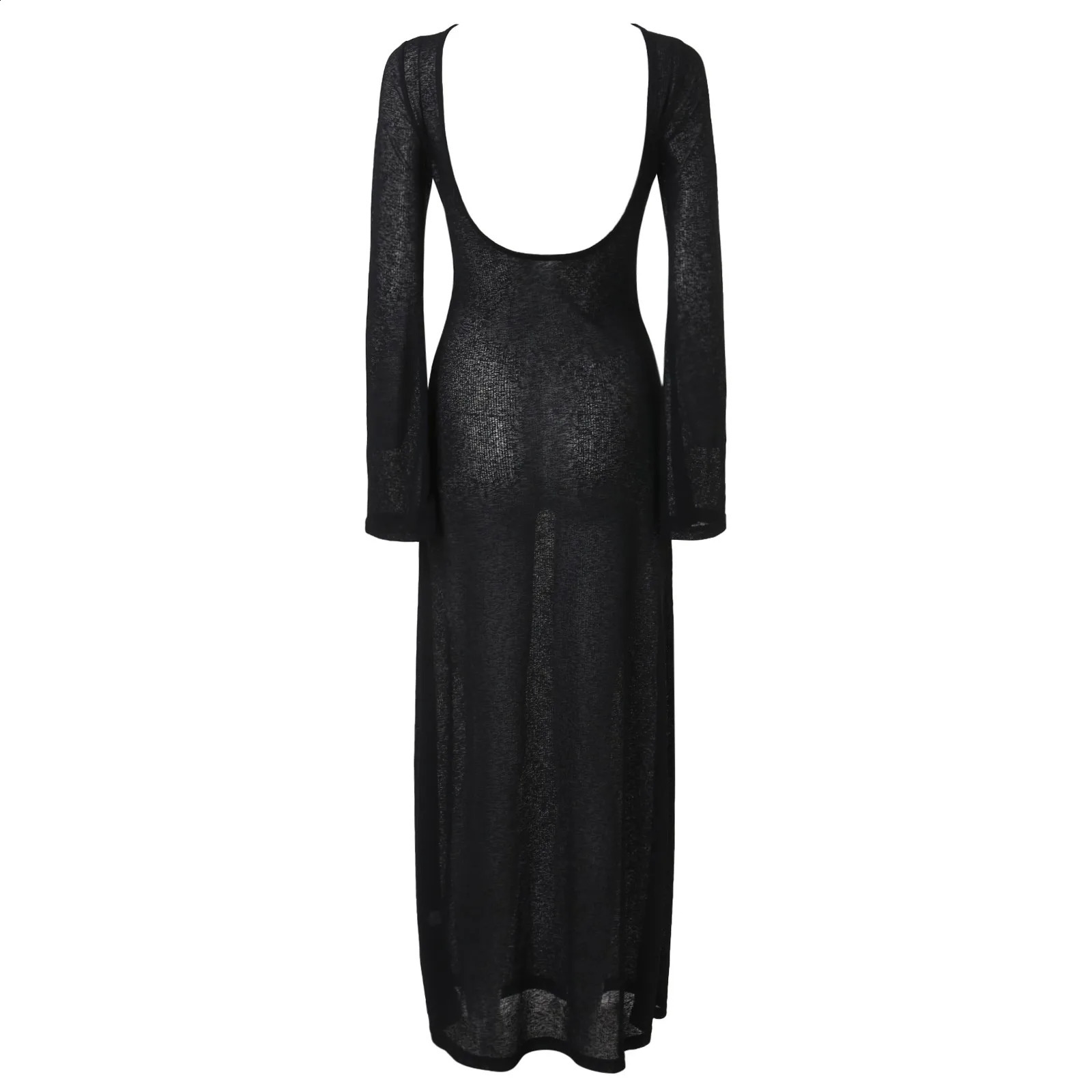 Transparent Mesh Sexy Fish Tail Dresses For Women Flare Sleeve Slim Beach Dress Solid Long Sleeve Round Neck Backless Dresses 240823