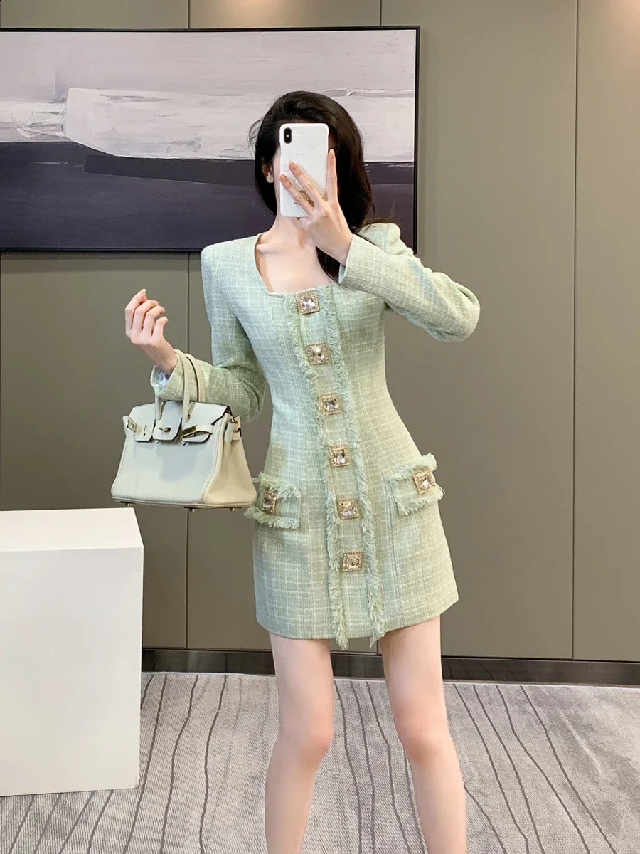 Socialite Elegant Tweed Long Sleeve Dress Womens Spring High-End Drill Buckle Square Collar Slim-fit Woolen Dresses 240824