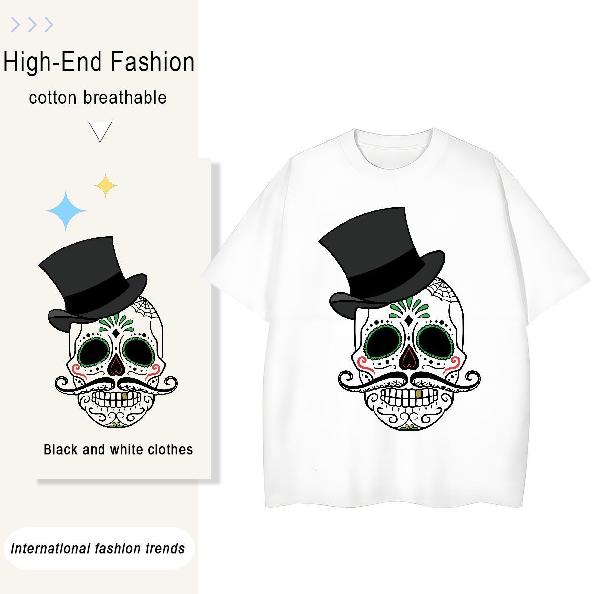 Loose T Shirt For Man 230g Pure Cotton skull High Street Hip Hop Black White Breathable Crew Neck Men Clothes T-Shirt Casual New Polos