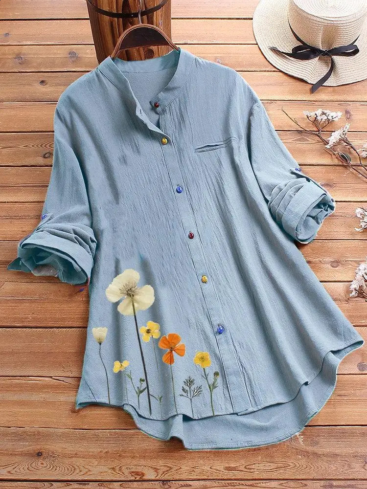 Womens Button Down Round Neck Shirt Classic Long Sleeved Fashion Shirt Floral Pattern Office Work Shirt Blouse 240823
