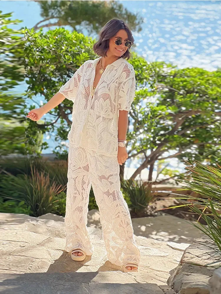 Fashion Knitted Hollow Out Shirt Pants Set Women Elegant Lapel Half Sleeve Top Straight Suit 2024 Lady Vacation Outfit 240819