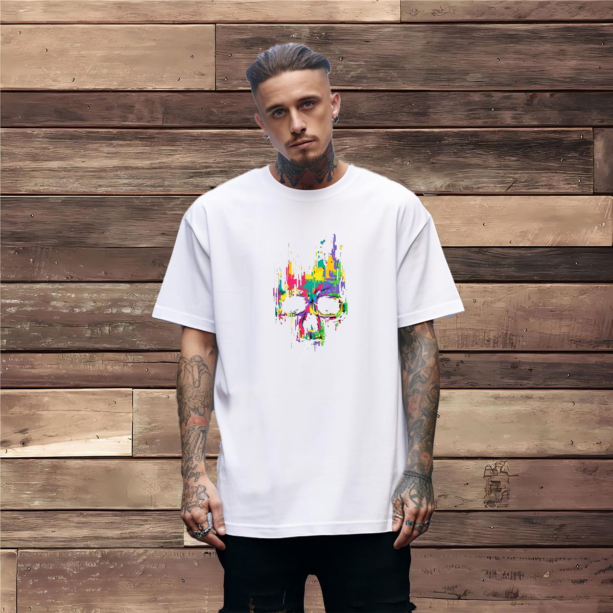 Popular T Shirts Men 230g 100% Cotton skull Daily Wear Customized O-Neck Short Sleeve Tshirts 2024 Clothes