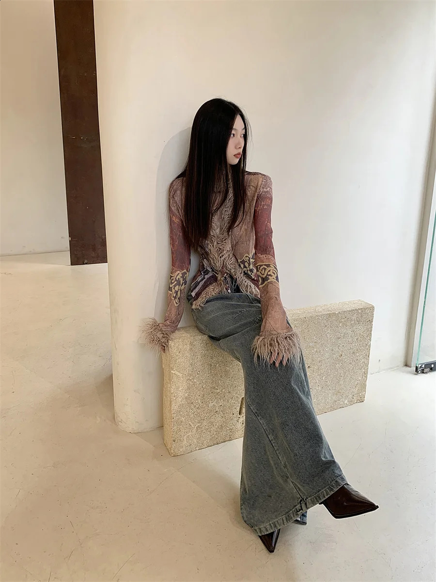 CHEERART Spring Fur Collar Open Fleece Jacket Womens Mesh Ethnic Vneck See Through ner Fashion 240824