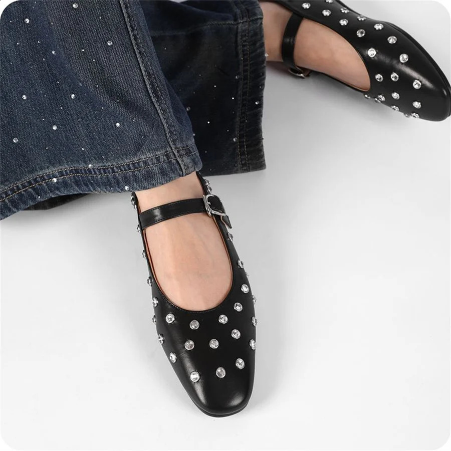 2024 Rivet Womens Ballet Apartment Black Dance Shoes Womens Shoulder Straps Mary Janes Comfortable Outdoor Loafers Flat Espadrillles 240823