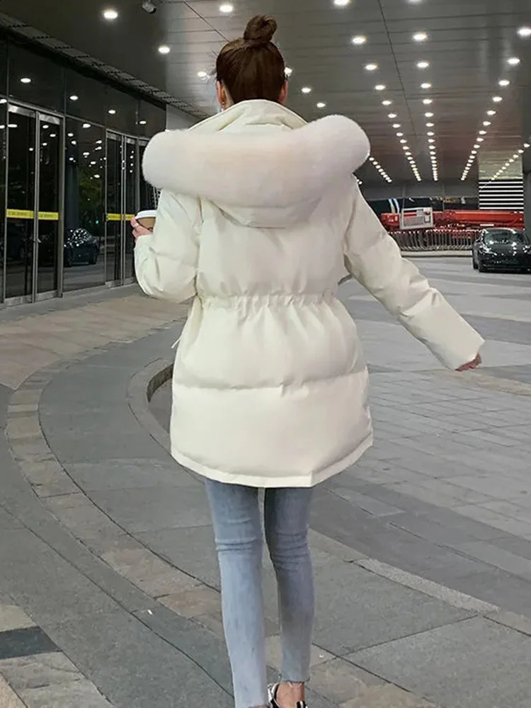 Winter Slim Pink Padded Coat Faux Fur Collar Hooded Parkas Korean Big Size Cotton Jaqueta Waist Drawstring Midi Lenght Jackets 240823