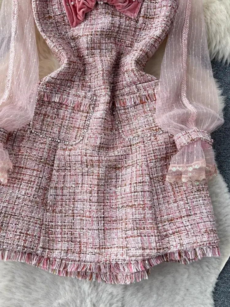 Sweet s Small Fragrance Mesh Stitching Taasels Tweed Dress Womens Stand Long Petal Sleeve Bow Beading Chic Short Vestidos 240824