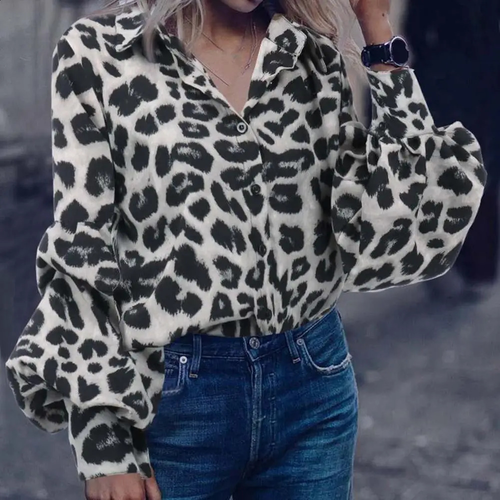 Women Lapel Lantern Long Sleeve Shirt Leopard Dot Print Single Breasted Blouse Casual Fit Shirt Tops Streetwear 240823