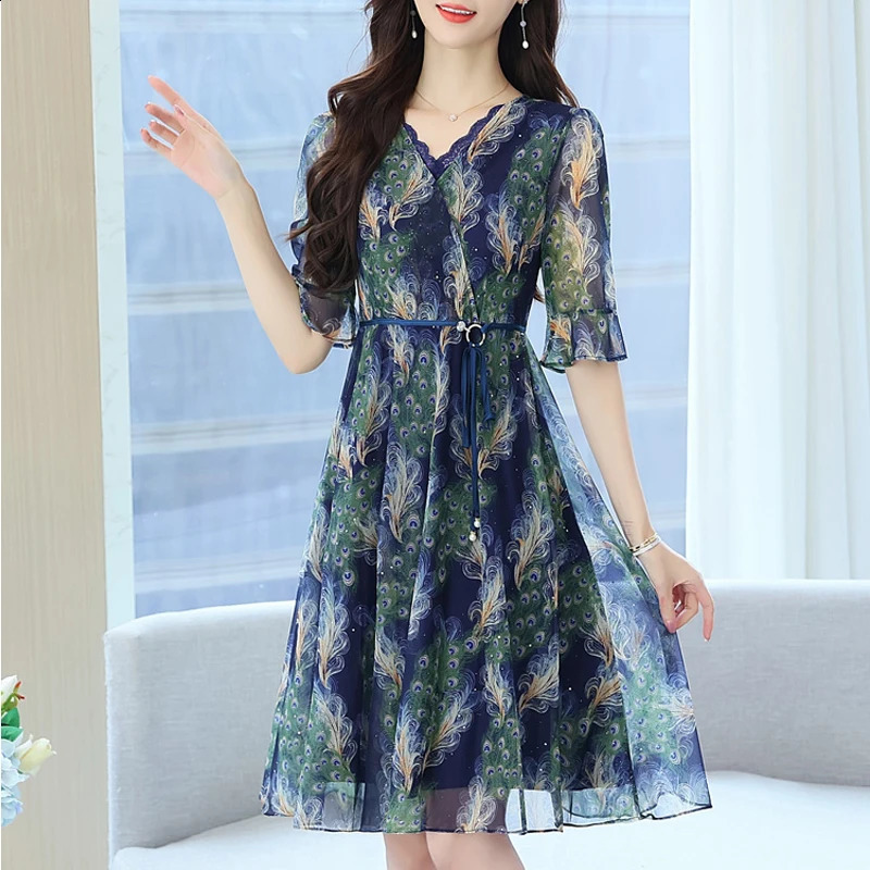 Women Clothing Summer Fashion Print Lace Patchwork with Belt Elegant Dresses V Neck Half Sleeve High Waist Slim Midi Dress 240824