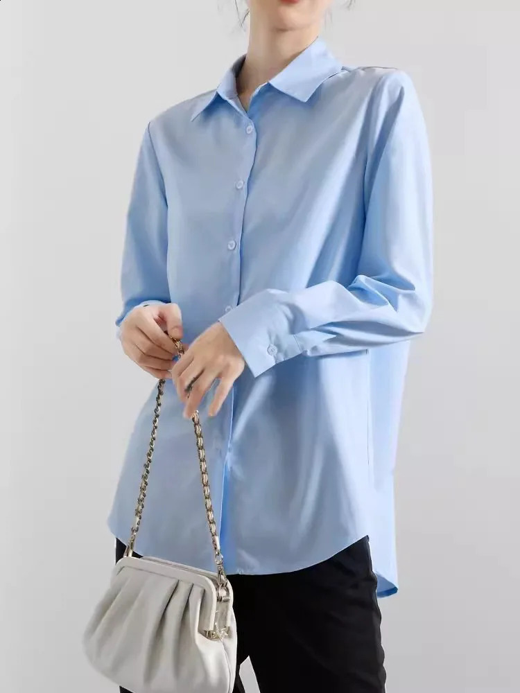 Oversize Shirt Women Blouses Elegant Streetwear Office Cotton 100% Loose Button Up Casual White Blue Long Sleeve Vintage Tops 240823
