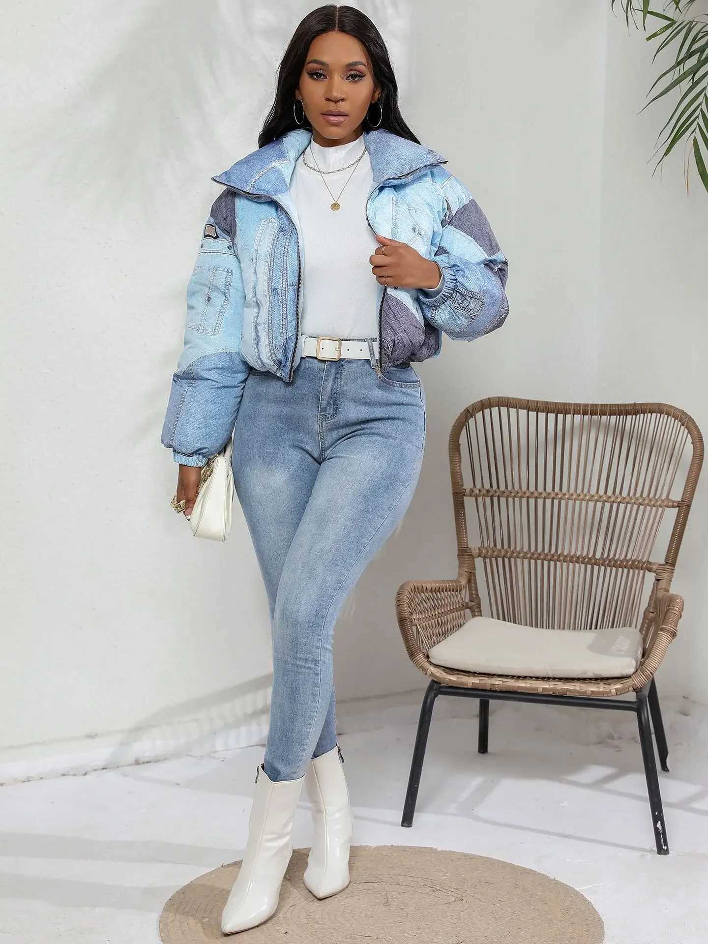Women's Down Parkas 2023 Autumn/Winter Fashion Womens Jacket Denim Printed Cotton Parkes Jacket Winter Coat Womens BF Strtwear Warm Parkes Y24082