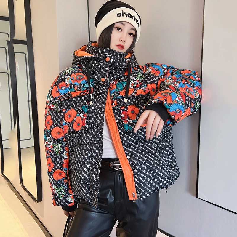 Women's Down Parkas Y2K Womens Coat Winter Printed Hooded Warm Womens Short Park Oversized Inflatable Jacket Womens Waterproof Jacket Strt Fashio