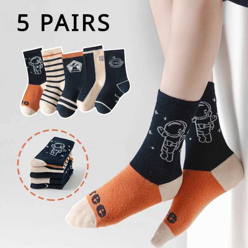 5 Pairs 1-12y Space Astronaut Cool Boys Socks High Quality Cotton Kids Socks Baby Boys Middle Tube Toddler Socks Children CL240824