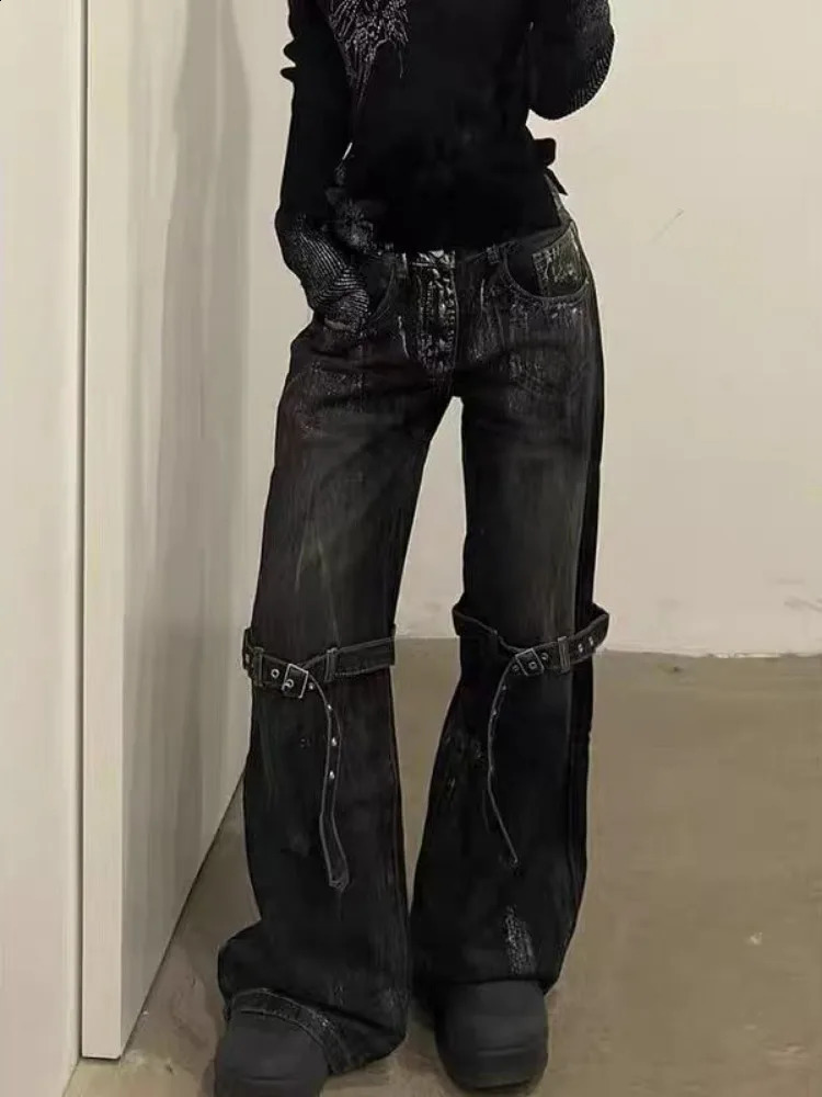 HOUZHOU Black Womens Jeans High Waist Hip Hop Straight Fashion Pants Streetwear Harajuku Y2K Star Female Wide Leg Denim Trouser 250206