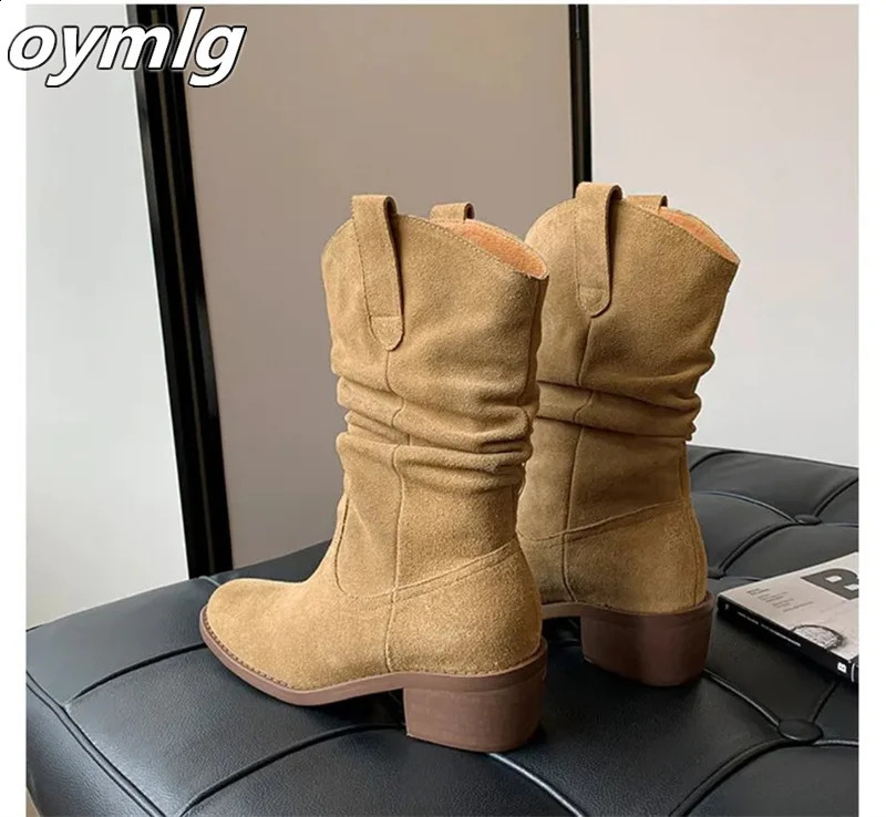 2024 Autumn/Winter Western Cowboy Boots Mid Leg Boots Suede Boots Foot Stacked Chelsea Boots 240823