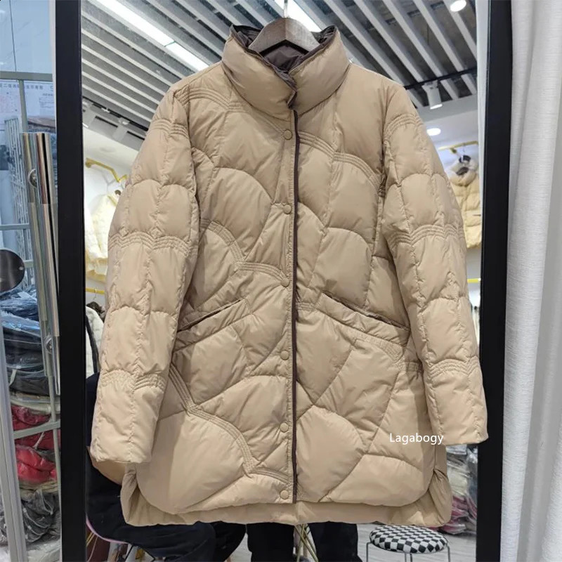 Lagabogy Medium length Inflatable Jacket Winter Womens Simple White Duck Down Stand up Collar Parka Single Chest 240823