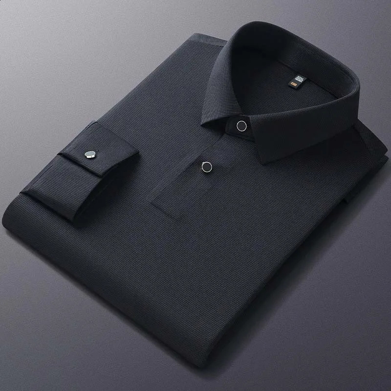 Mens polo shirt long sleeved highquality lapel seamless high elasticity top casual slim fit mens clothing 240823