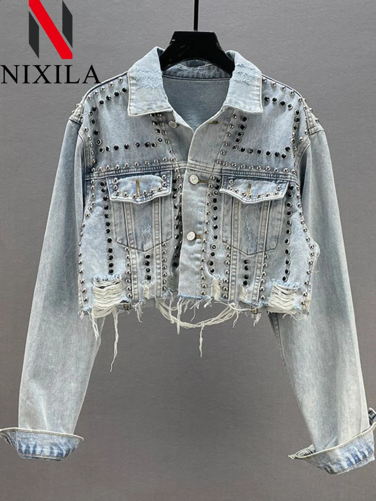 in Spring Summer Womens Denim Jacket Heavy Industry Rivet Studded Jean Coats Women Worn Nail Bead Jean Long Sleeved Top 240824