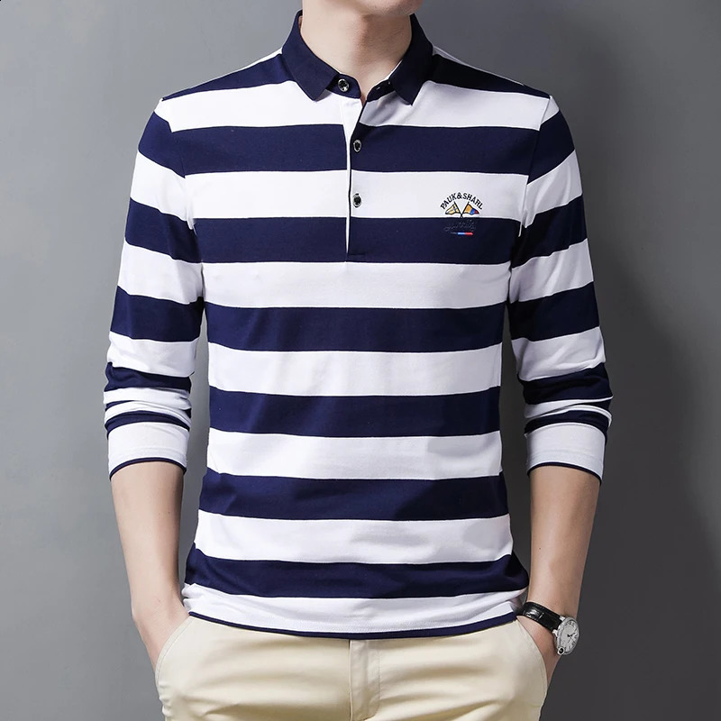 Summer Stripe Embroidery Mens Street Clothing Polo Shirt Cotton Casual Top Fashion Street Long Sleeve Mens Clothing 240824