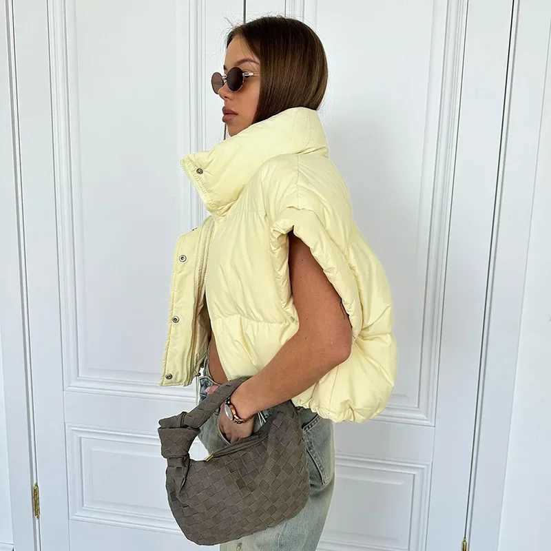 Women's Down Parkas Fashion Women Short Slve Zipper Button Puffer Jacket Vest Warm Bubble Coats Drawstring Parkas Down Stand Collar Crop Jackets 