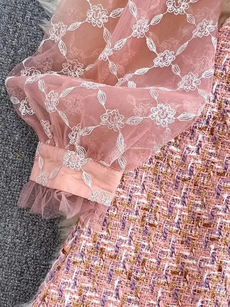 Fashion Celebrity Lace Mesh Flower Embroidery Ruffles Stitching Tweed Long Sleeve Diamonds Buttons Woolen Short Dresses 240824