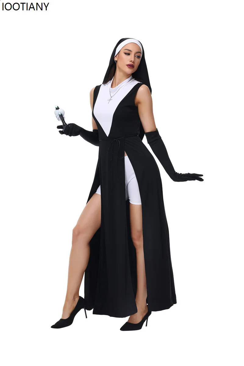 Womens sexy Nun roleplaying costumes and headwear Halloween adult stage display dress up theme party makeup fancy 240823