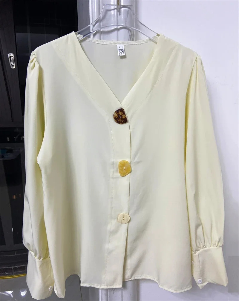 camisas y blusas Elegant V-neck Long Lantern Sleeve Womens Shirt Casual Loose Chiffon Blouses Office Lady Button Tops chemise 240823