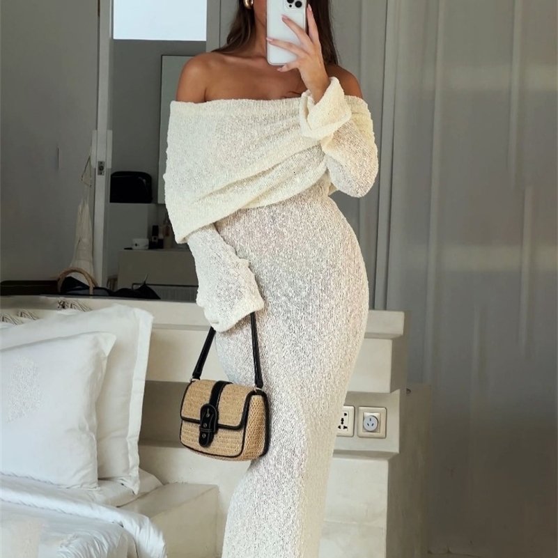 Knit Hollow Out Off-shoulder Maxi Dress Female Cover Up See-through Sleeve Holiday Beach Party Dress Women Knitwear Dress
