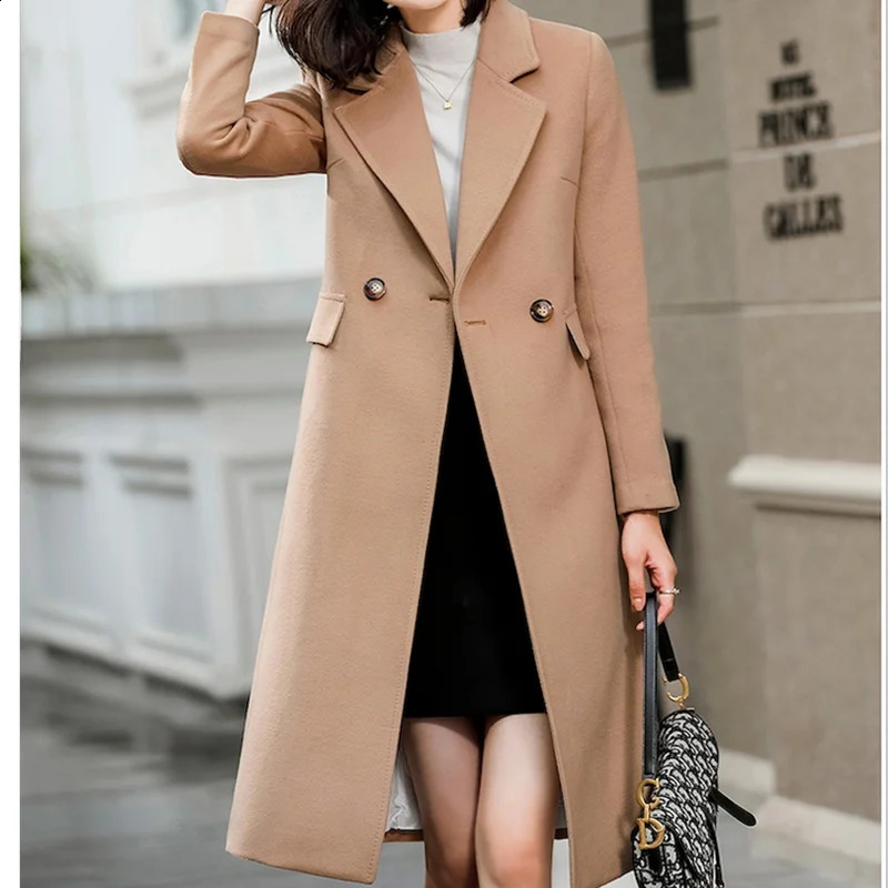 Winter wool blend womens coat with grooved pockets solid streetwear lapel jacket lining medium length womens windproof jacket S-3XL 240824