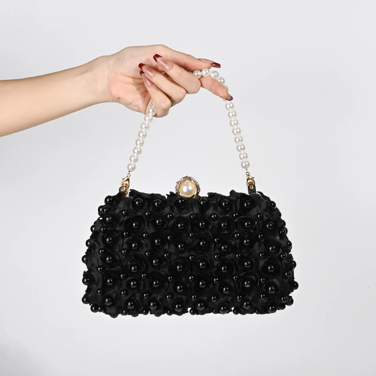 Fashion Champagne Pearl Rose flower Clutches Evening Bag For Women Chain Handbags Wedding Party Shoulder Bag Fine Trendy Clutch 240823
