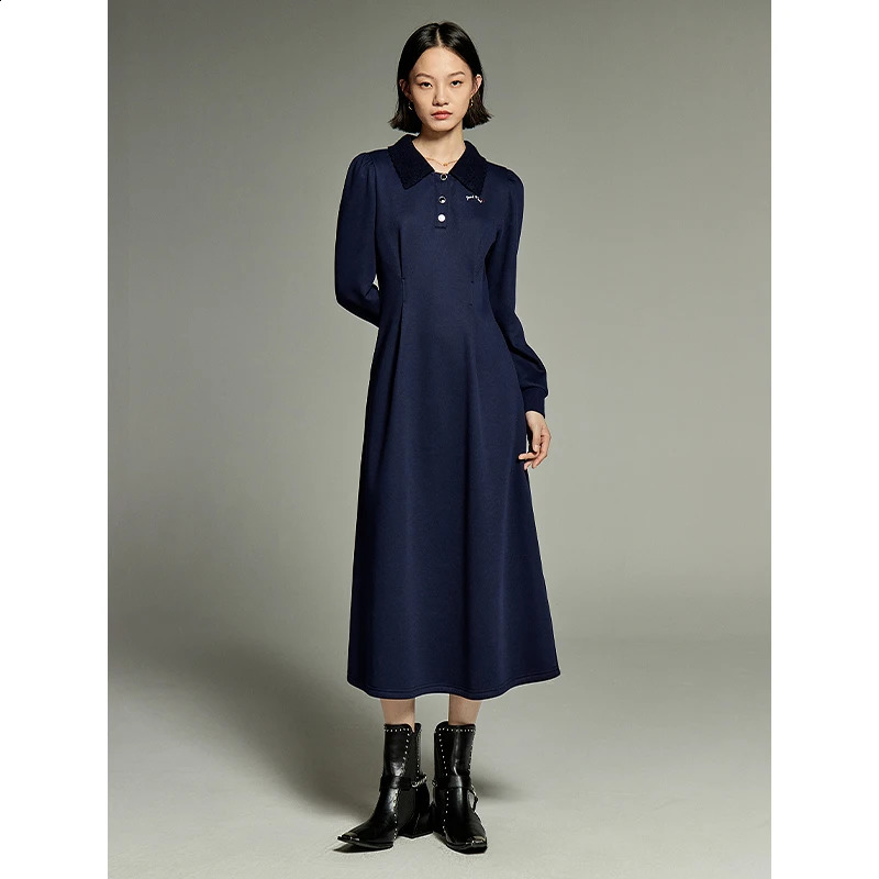 Toyouth Women Corduroy Plush Dress Winter Long Sleeve Polo Neck with Buttons A-shaped Slim Waist Retro Elegant Navy Skirt 240824
