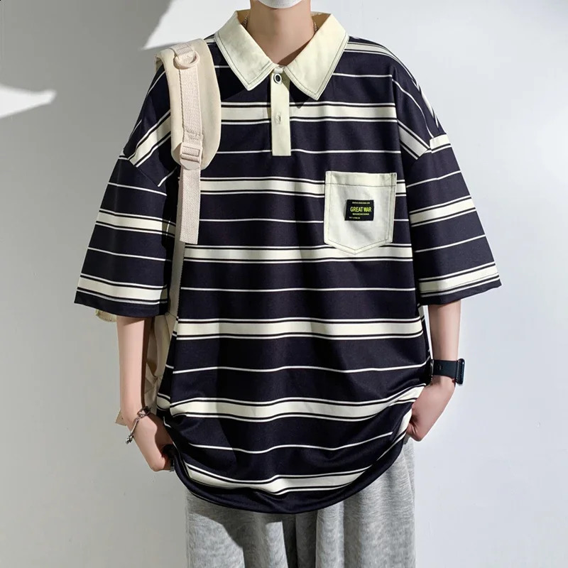 2024 Summer Men POLO Shirt Trend Loose Clothing Students Short-sleeved T Shirt Tops Round Neck Five-quarter Sleeve Harajuku 240814