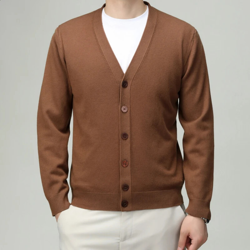 Spring and autumn Vneck solid color cardigan mens business casual sweater stretchable warm knitted High quality clothing 240824