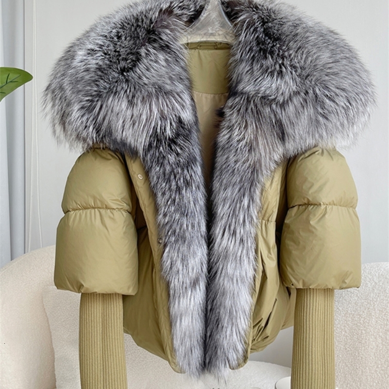 ANNSIRGRA Womens Winter Coat White Duck Down Jacket Super Large Real Silver Fox Fur Collar Knitted Sleeve Fashion Outerwear 240823