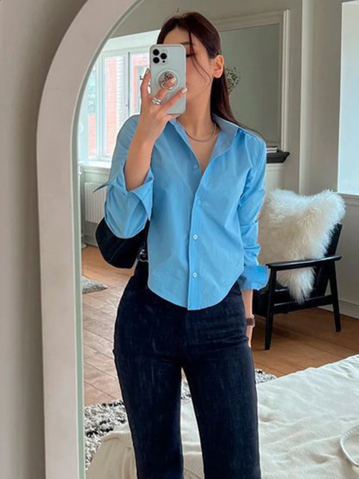 Zoki Casual Sexy Slim Shirt Women Elegant Fashion Long Sleeve Blouse Korean n Irregular Turn Down Collar Chic White Tops 240823