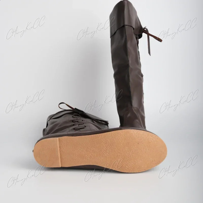 Renaissance medieval role-playing Gothic punk pirate prop shoes PULEATHER KNIGHT high boots mens paladin costume wizard 240823