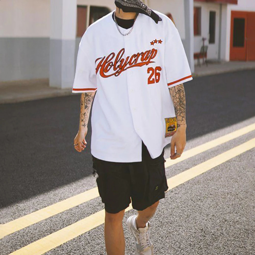 American hiphop baseball short sleeved cardigan loose Tshirt letter Y2K West top mens clothing 240823