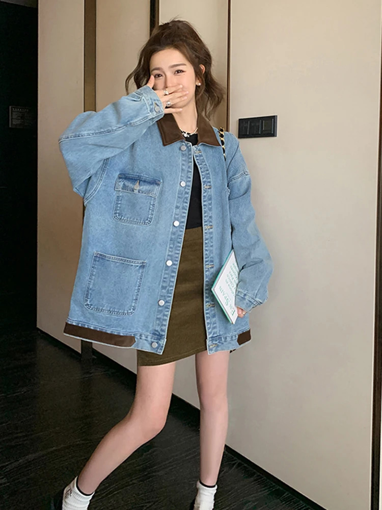 LANMREM Patchwork Denim Jacket Women Lapel Single Breasted Loose Oversized Coats Female Fashion Clothing Spring 2DA3708 240823