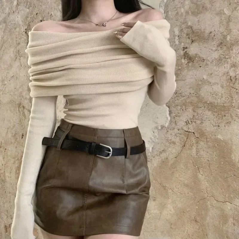 Slash Neck Sweater Off Shoulder Knitwear Jumper Korean Fashion Women Slim Sexy Y2k Autumn Winter Clothing Pink Black Apricot 240824