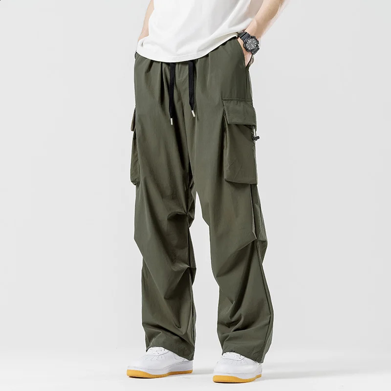 SpringSummer Mens Solid Color Drawback Elastic Waist Sports Neutral Outdoor Straight Leg Casual Cargo Pants 240823