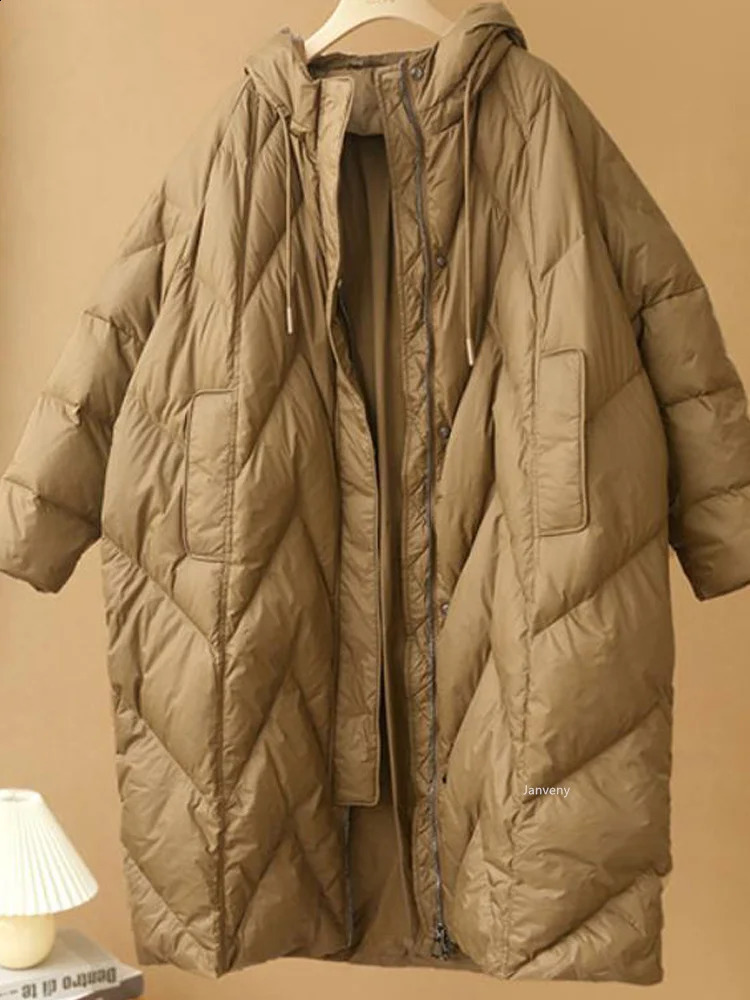 Janveny Women Loose Long Coat 90 White Duck Down Jacket Winter Female Overcoat Hooded Puffer Feather Parkas 251022