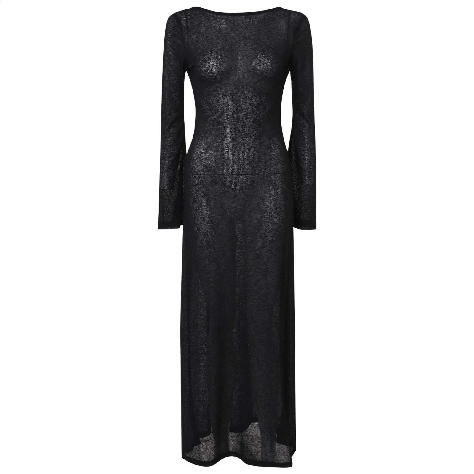 Transparent Mesh Sexy Fish Tail Dresses For Women Flare Sleeve Slim Beach Dress Solid Long Sleeve Round Neck Backless Dresses 240823