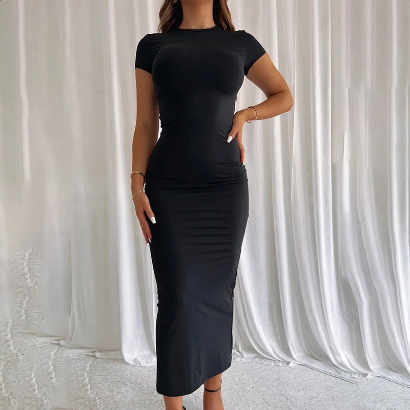 CUTENOVA Women Solid Color Slim Short Sleeve Casual Pullover Sumer Long Dress Skinny Sexy Daily Dress 240823