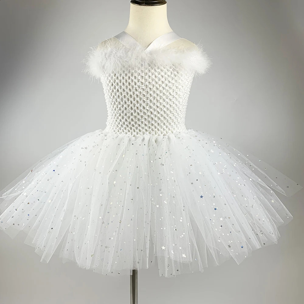 Sparkling angel dress childrens Christmas fairy costume white chiffon princess birthday party 240823