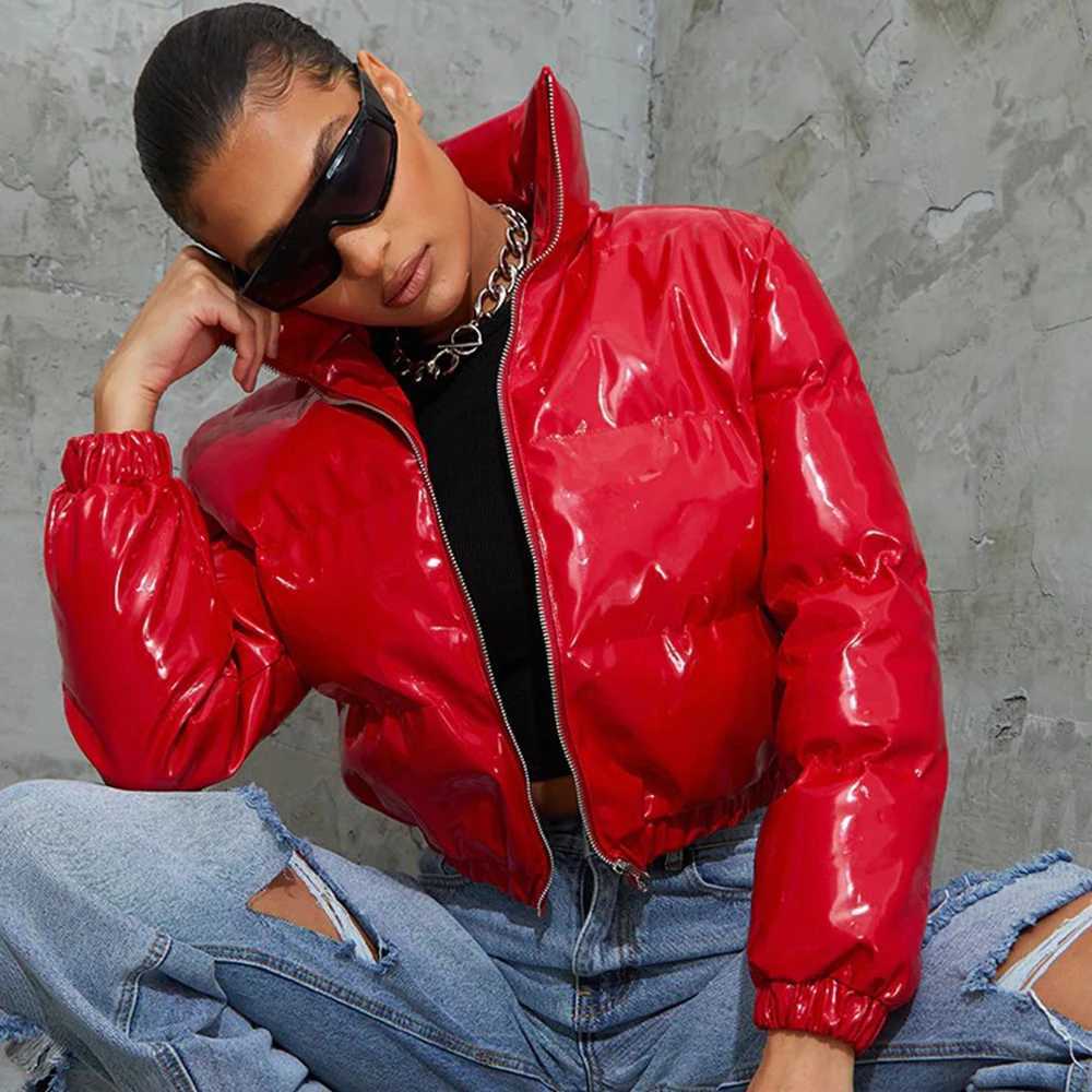 Women's Down Parkas Winter Cute Women Shiny PU Leather Puffer Jacket Warm Thick Bubble Coat Bright Leather Parkas Down Zipper PU Cropped Puffer Y