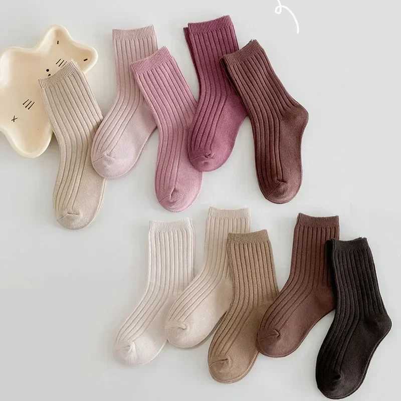 5Pairs/lot Solid Kids Socks Casual Baby Girls Boys Soft Breathable Cotton Stripe Autumn Toddler Knitted Children Socks for 1-8Y CL240824