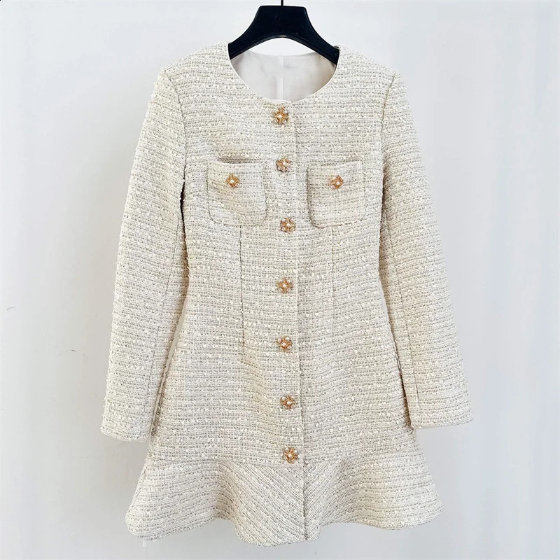 Womens dress Autumn Fashion Button Decorative Long Sleeve Mini Dress Colorful woven tweed Short dresses party dresses 240824