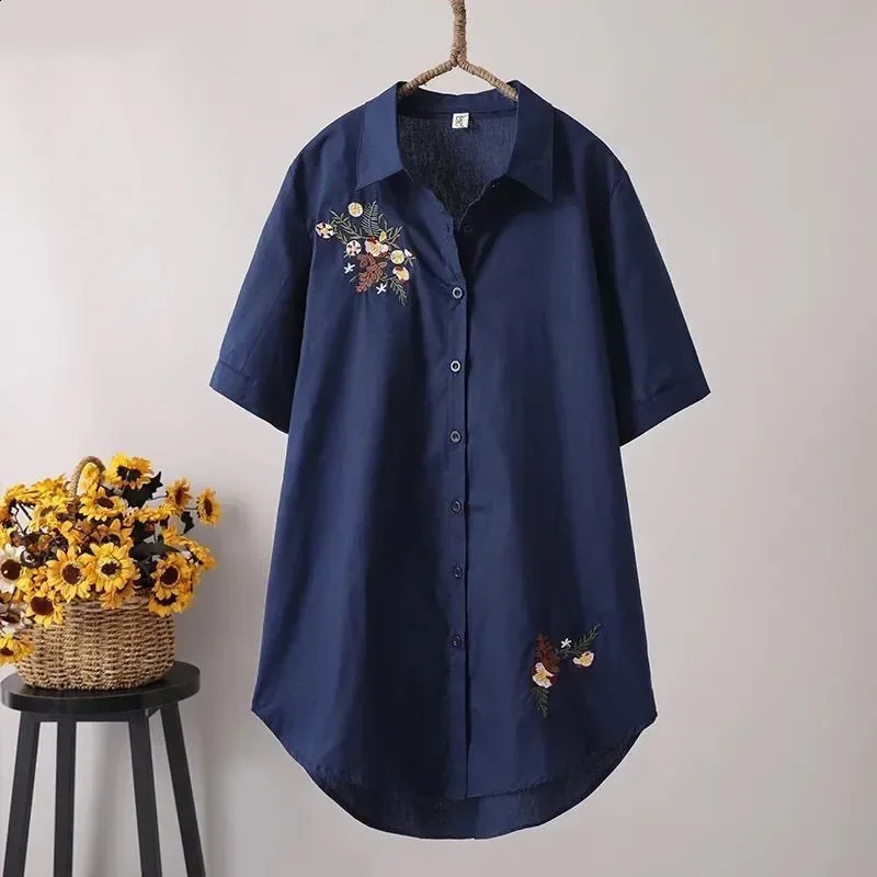 Feather Embroidery Long Blouse Women Short Sleeve Art Loose Blue Blouses and Tops Button Down Shirts 240823