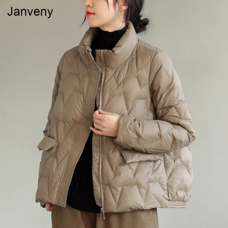 Janveny Ultra Light Down Jacket Womens Winter Stand up Feather Puff Coat 90% White Duck Park Solid Color 240823