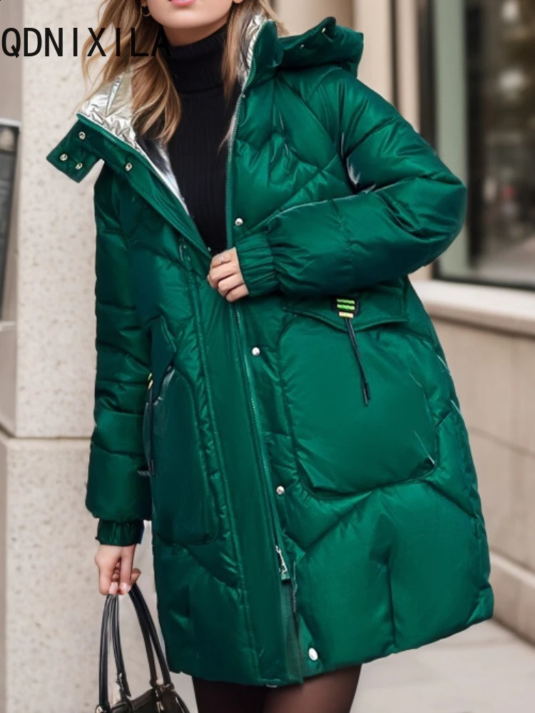 Womens down jacket medium long Korean style fashionable Parka top hooded warm black smooth casual loose womens 240823