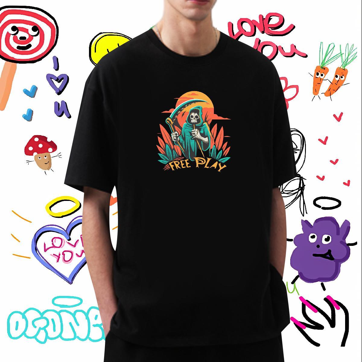 Comfortable Mens T Shirts 230g Pure Cotton skull Daily Outfit Cartoon Print Breathable Crew Neck Men Tops Tees DIY Clothes
